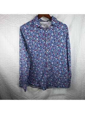 Original Penguin Mens Floral Long Sleeve Poplin Flower Button Up Shirt L Blue